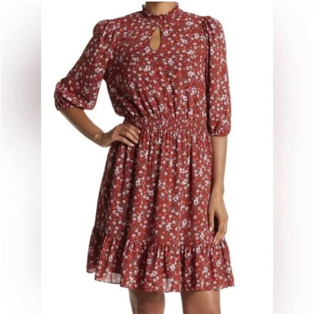 Nanette Lepore Flounce Hem Puff Sleeve Mockneck Picante Floral Multi Sz 10 NWT
